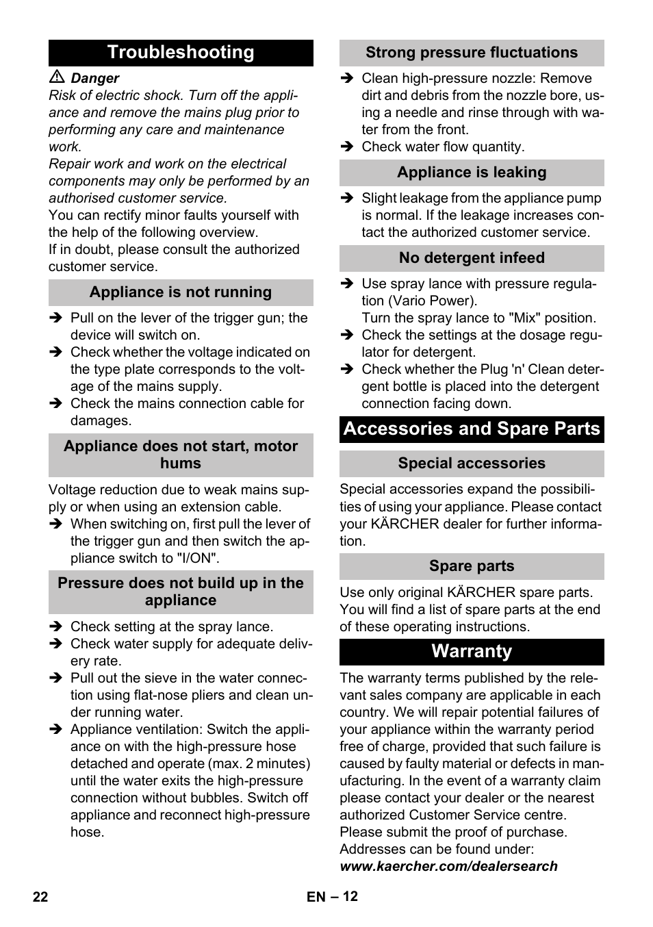 Troubleshooting, Appliance is not running, Appliance does not start, motor hums | Pressure does not build up in the appliance, Strong pressure fluctuations, Appliance is leaking, No detergent infeed, Accessories and spare parts, Special accessories, Spare parts | Karcher K 7 User Manual | Page 22 / 288