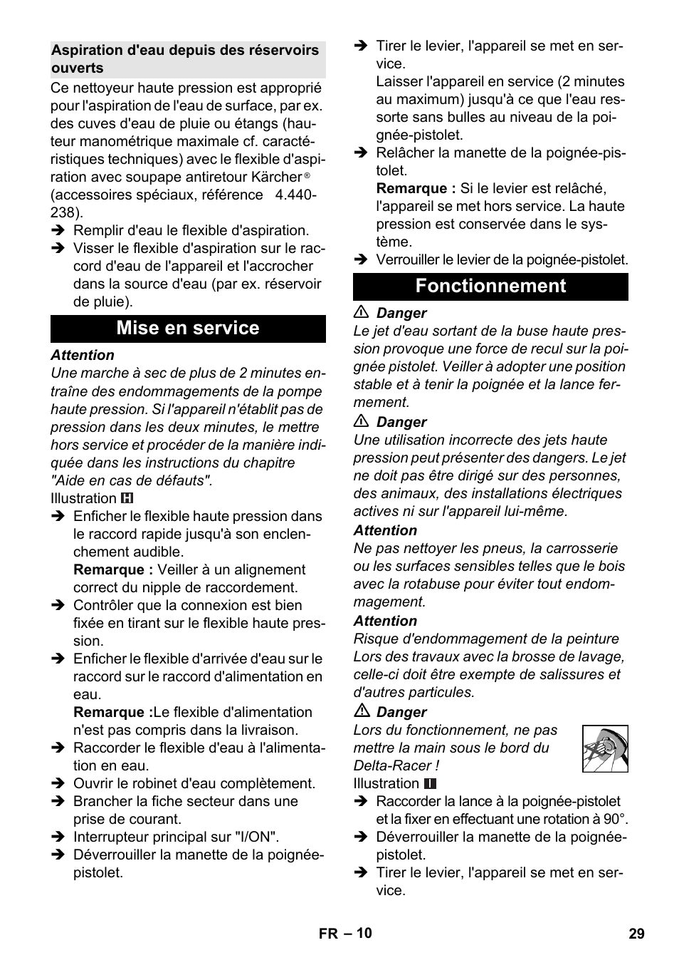 Aspiration d'eau depuis des réservoirs ouverts, Mise en service, Fonctionnement | Mise en service fonctionnement | Karcher K 7 User Manual | Page 29 / 288