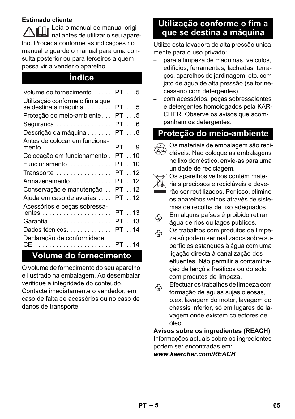 Português, Índice, Volume do fornecimento | Proteção do meio-ambiente | Karcher K 7 User Manual | Page 65 / 288