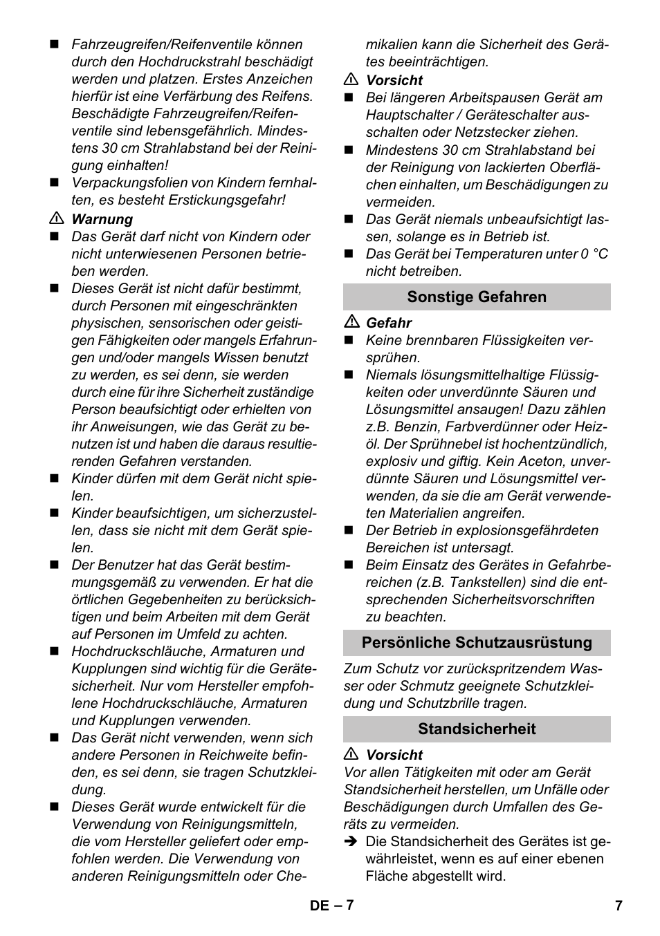 Sonstige gefahren, Persönliche schutzausrüstung, Standsicherheit | Karcher K 7 User Manual | Page 7 / 288