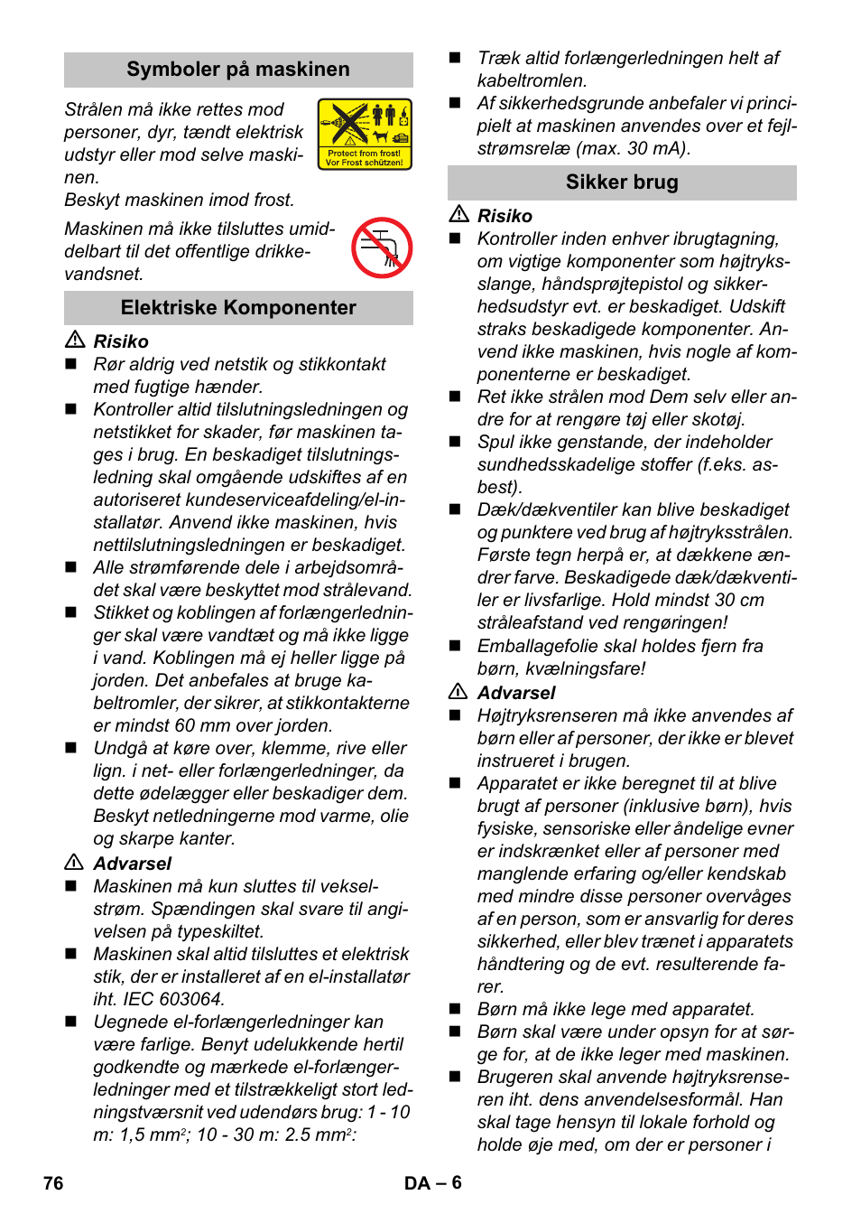 Symboler på maskinen, Elektriske komponenter, Sikker brug | Karcher K 7 User Manual | Page 76 / 288