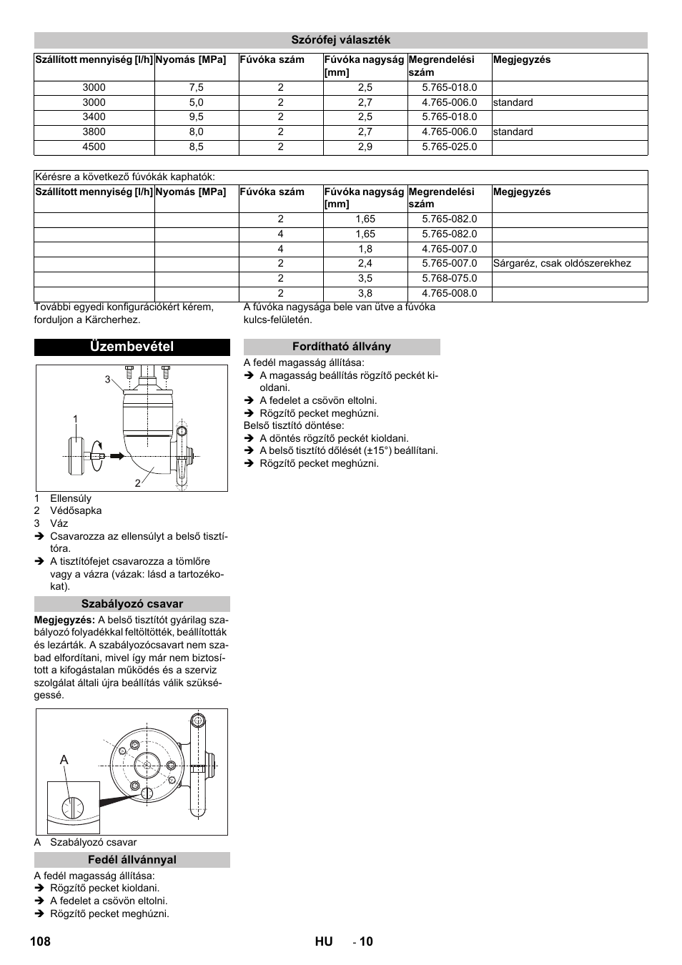 Szórófej választék, Üzembevétel, Szabályozó csavar | Fedél állvánnyal, Fordítható állvány | Karcher HKS 100 User Manual | Page 108 / 124