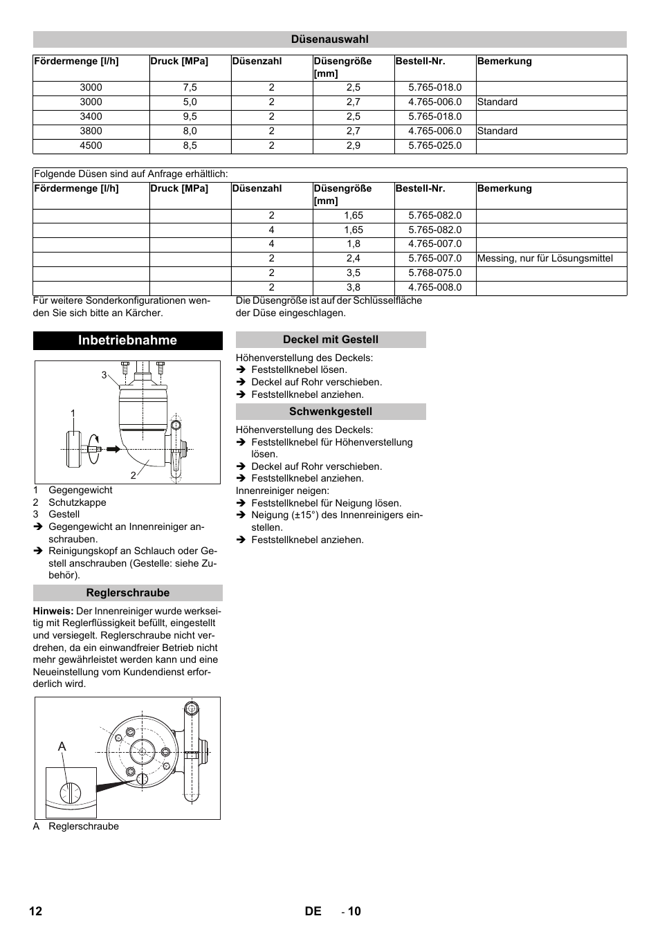 Düsenauswahl, Inbetriebnahme, Reglerschraube | Deckel mit gestell, Schwenkgestell | Karcher HKS 100 User Manual | Page 12 / 124