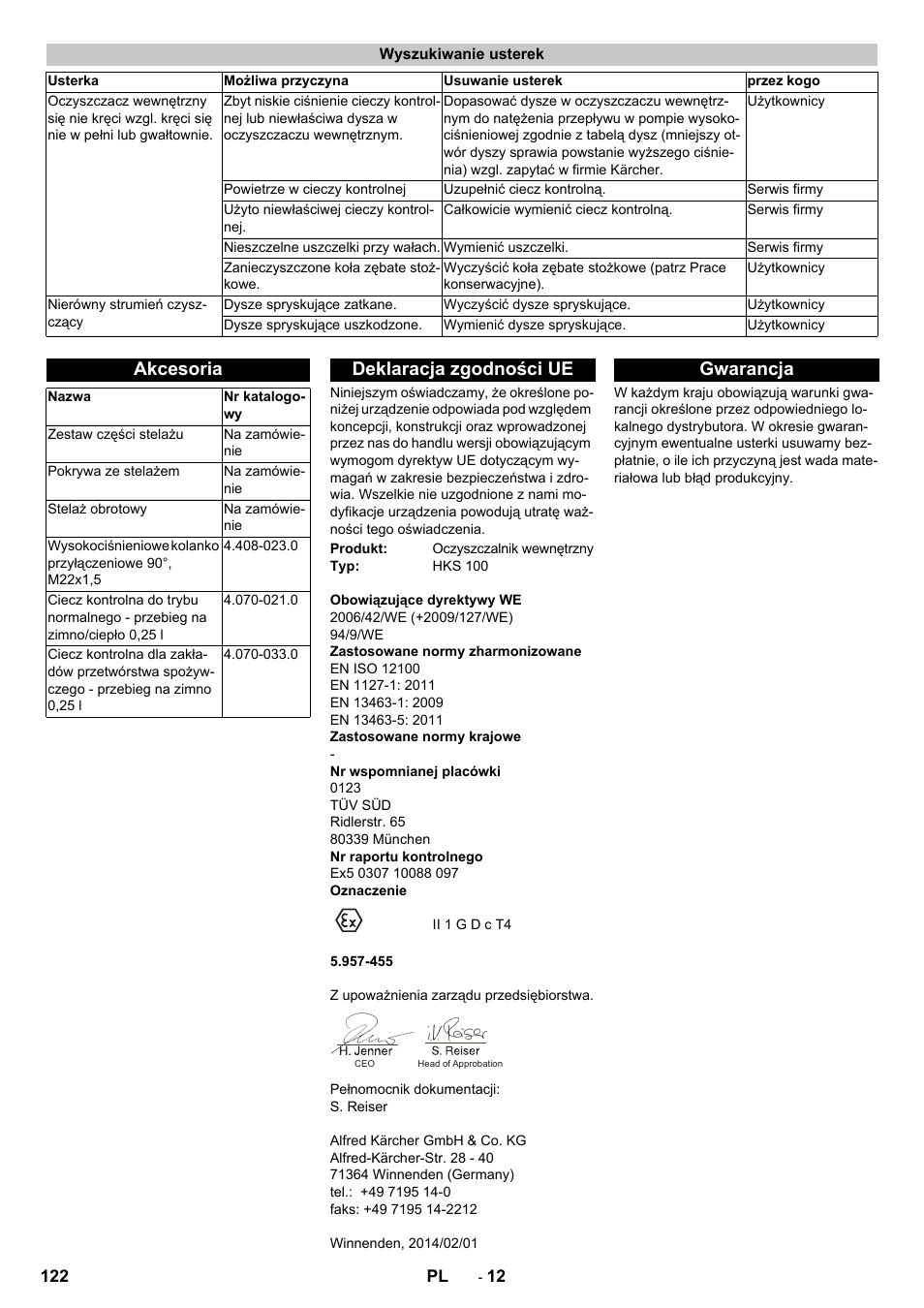Wyszukiwanie usterek, Akcesoria, Deklaracja zgodności ue | Gwarancja | Karcher HKS 100 User Manual | Page 122 / 124