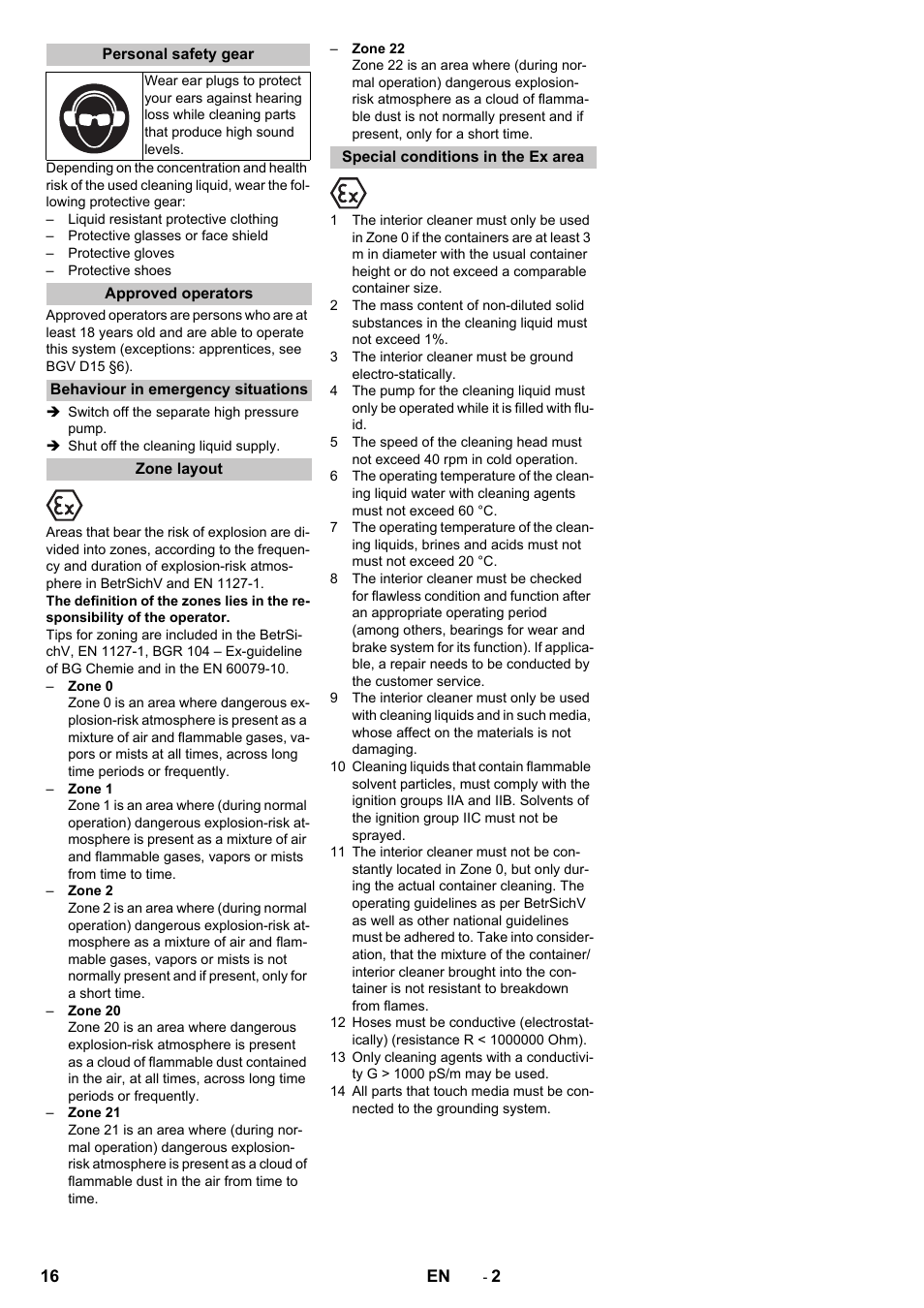 Personal safety gear, Approved operators, Behaviour in emergency situations | Zone layout, Special conditions in the ex area | Karcher HKS 100 User Manual | Page 16 / 124