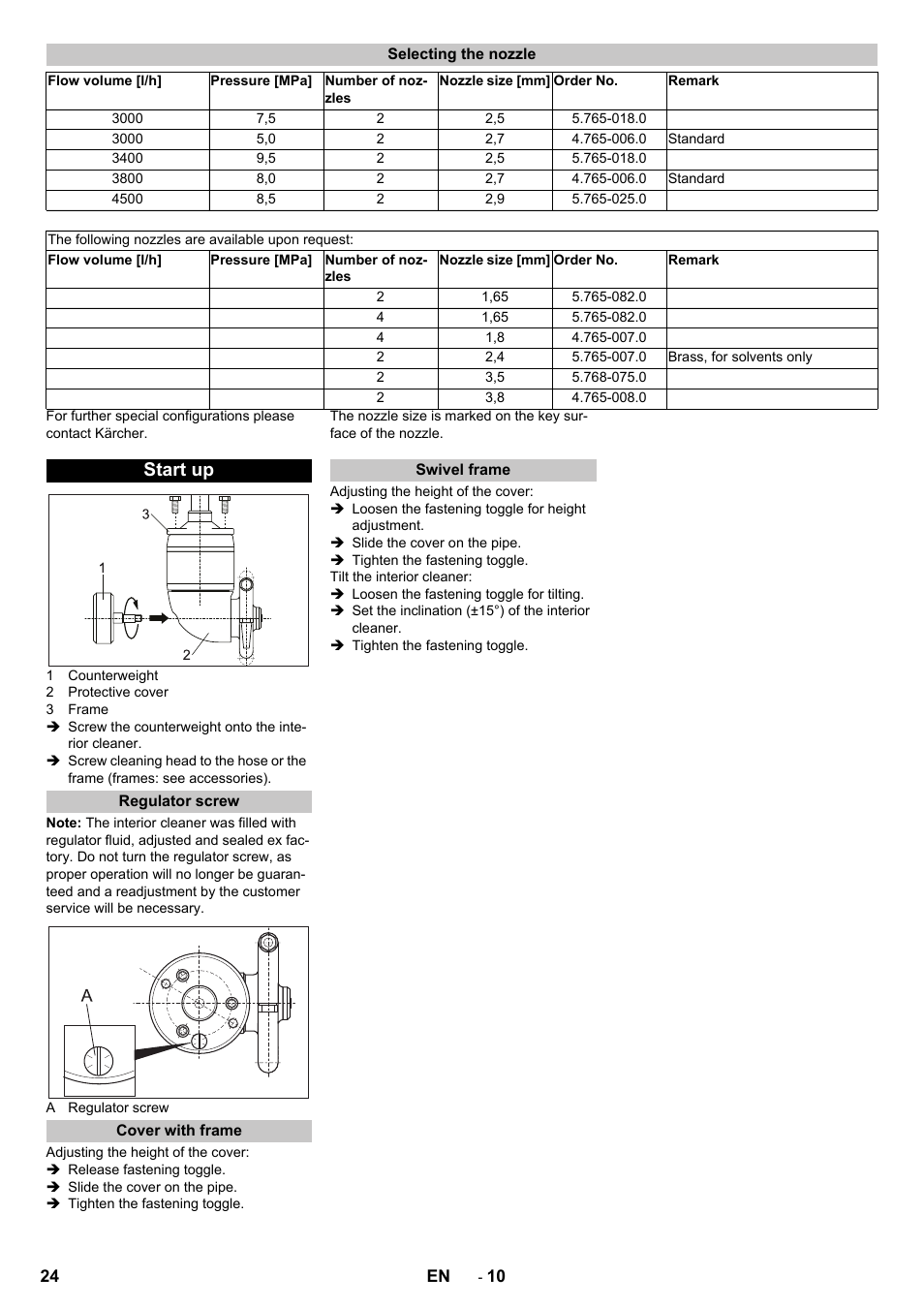 Selecting the nozzle, Start up, Regulator screw | Cover with frame, Swivel frame | Karcher HKS 100 User Manual | Page 24 / 124