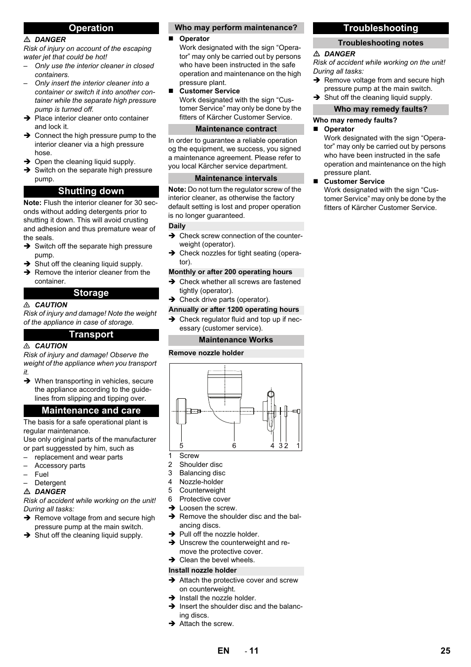 Operation, Shutting down, Storage | Transport, Maintenance and care, Who may perform maintenance, Maintenance contract, Maintenance intervals, Daily, Monthly or after 200 operating hours | Karcher HKS 100 User Manual | Page 25 / 124