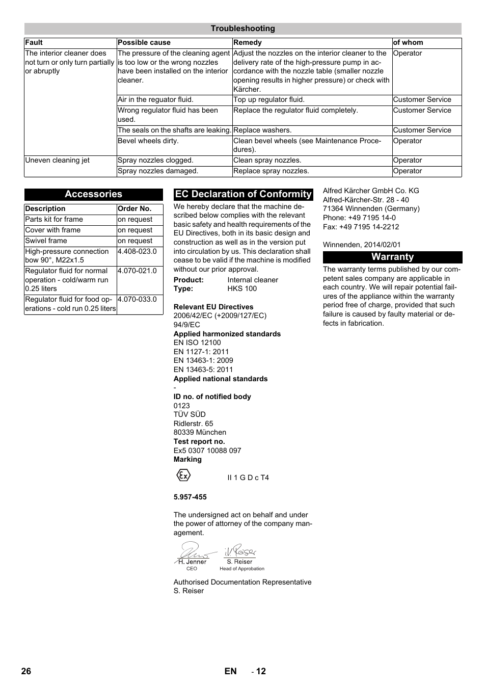 Troubleshooting, Accessories, Ec declaration of conformity | Warranty | Karcher HKS 100 User Manual | Page 26 / 124