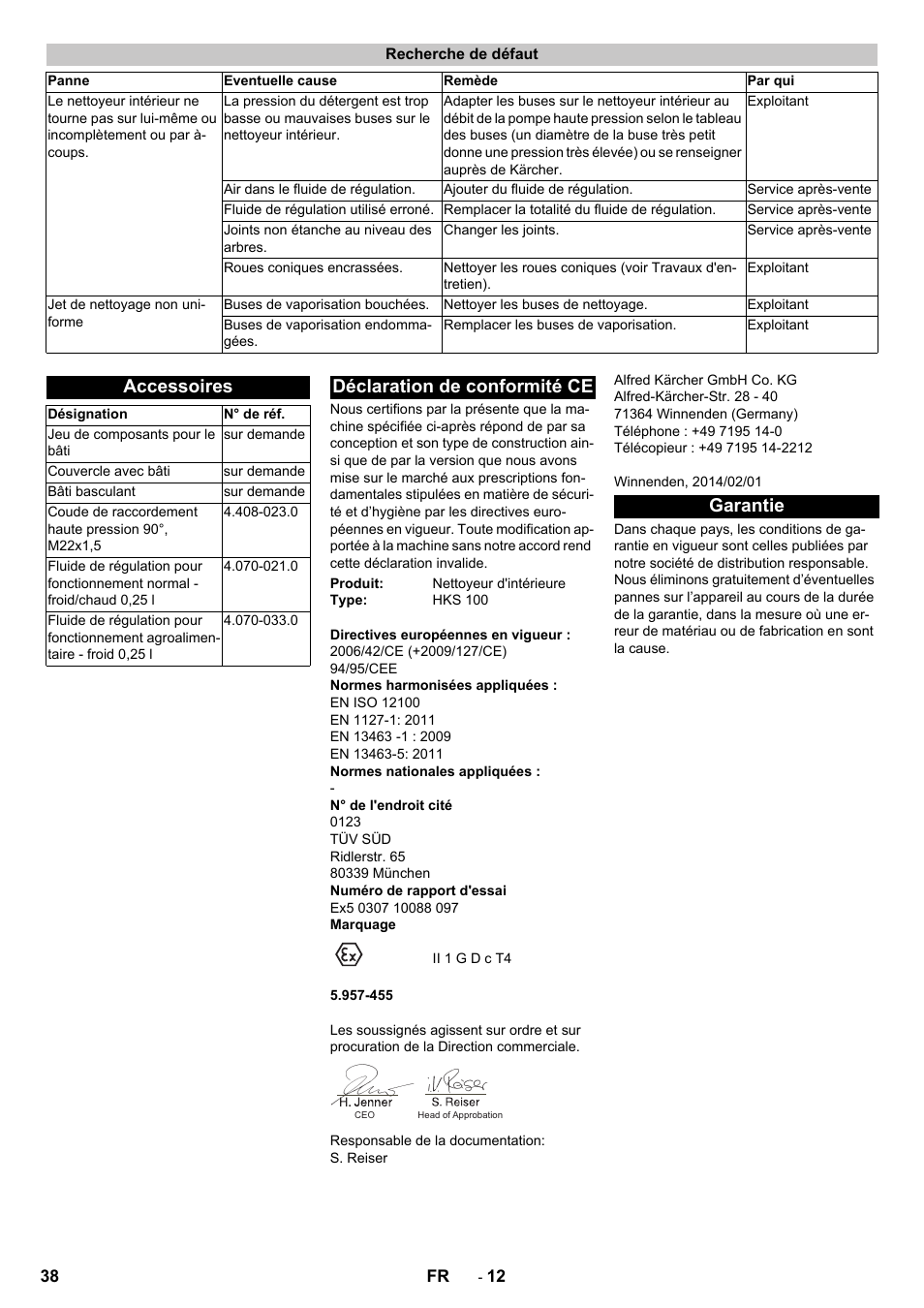 Recherche de défaut, Accessoires, Déclaration de conformité ce | Garantie | Karcher HKS 100 User Manual | Page 38 / 124