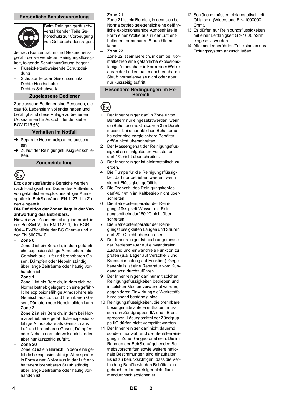Persönliche schutzausrüstung, Zugelassene bediener, Verhalten im notfall | Zoneneinteilung, Besondere bedingungen im ex- bereich | Karcher HKS 100 User Manual | Page 4 / 124