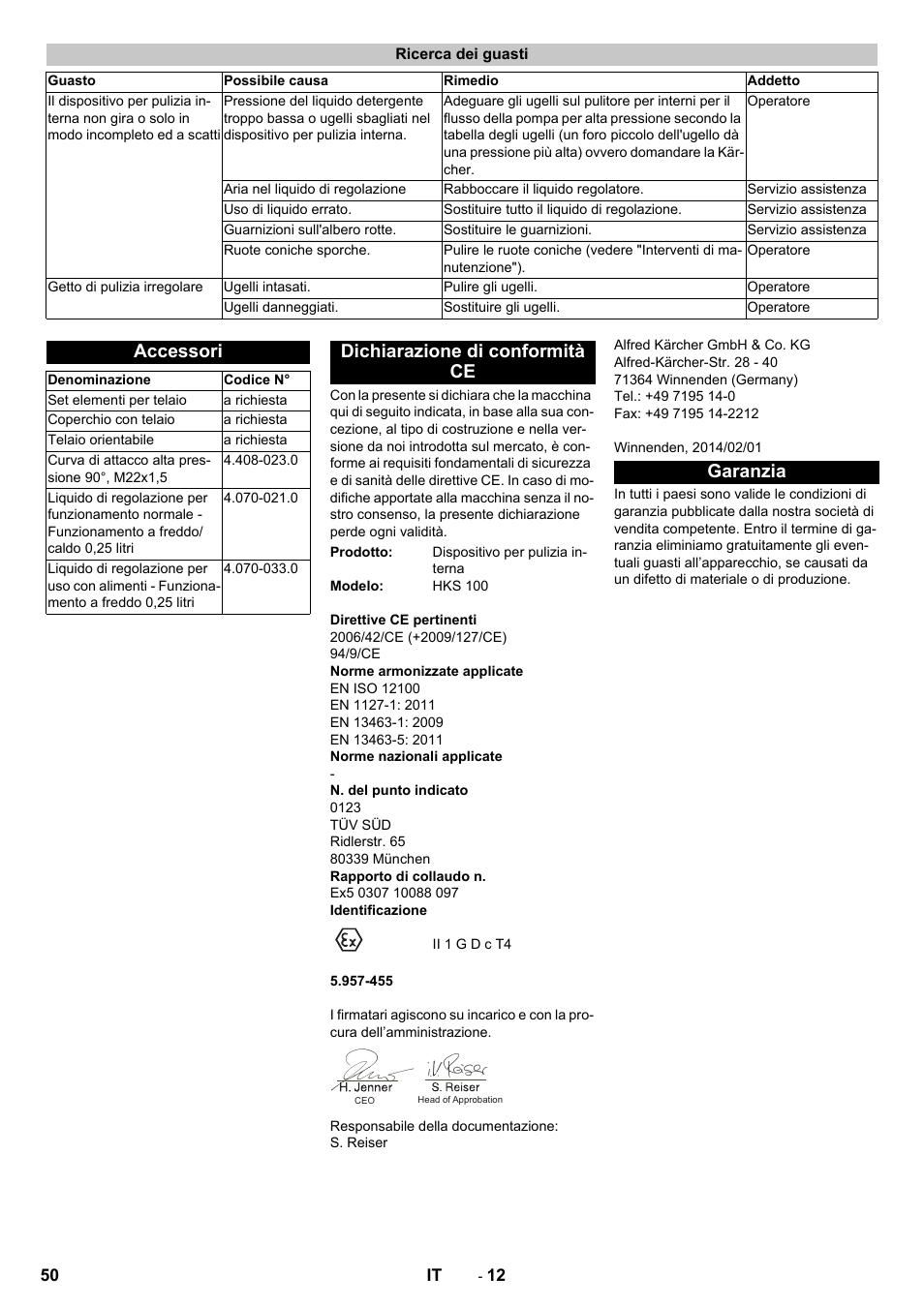 Ricerca dei guasti, Accessori, Dichiarazione di conformità ce | Garanzia | Karcher HKS 100 User Manual | Page 50 / 124