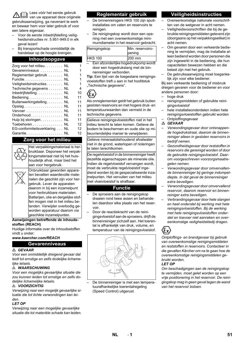 Nederlands, Inhoudsopgave, Zorg voor het milieu | Gevarenniveaus, Reglementair gebruik, Functie, Veiligheidsinstructies, Gevarenniveaus reglementair gebruik, Functie veiligheidsinstructies | Karcher HKS 100 User Manual | Page 51 / 124