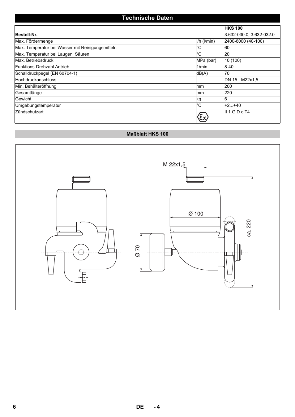 Technische daten, Maßblatt hks 100 | Karcher HKS 100 User Manual | Page 6 / 124