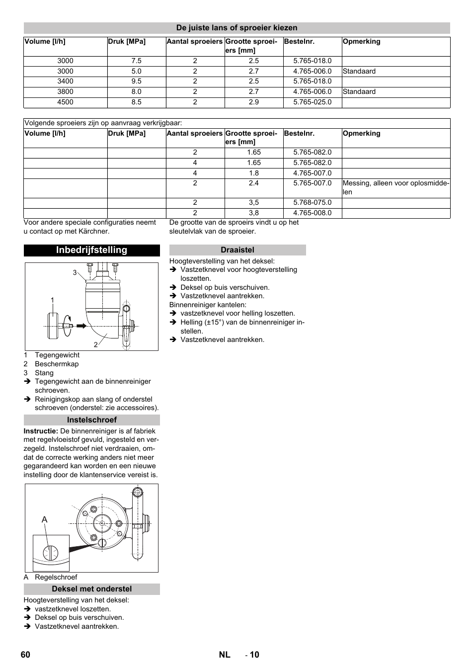 De juiste lans of sproeier kiezen, Inbedrijfstelling, Instelschroef | Deksel met onderstel, Draaistel | Karcher HKS 100 User Manual | Page 60 / 124