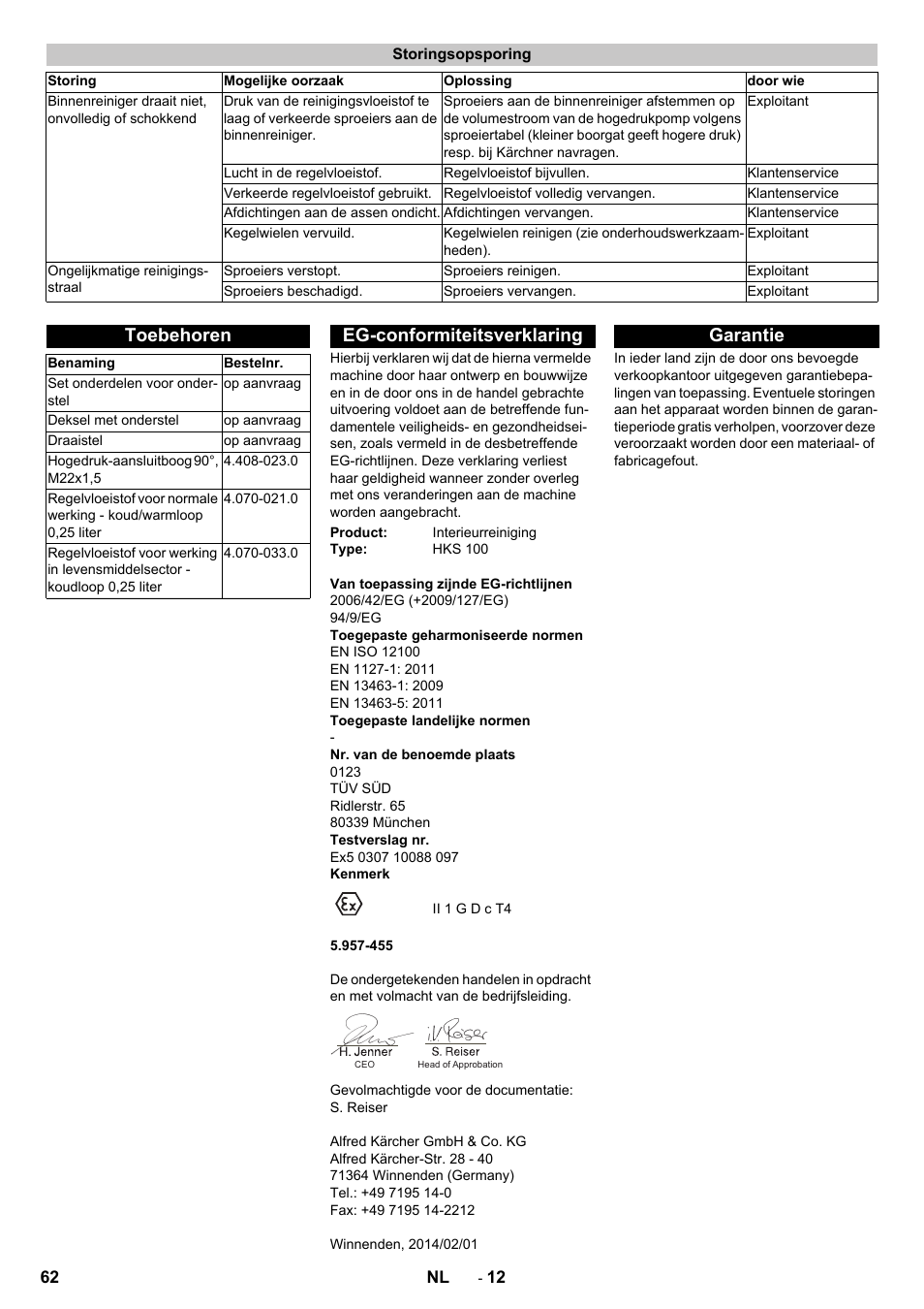 Storingsopsporing, Toebehoren, Eg-conformiteitsverklaring | Garantie | Karcher HKS 100 User Manual | Page 62 / 124