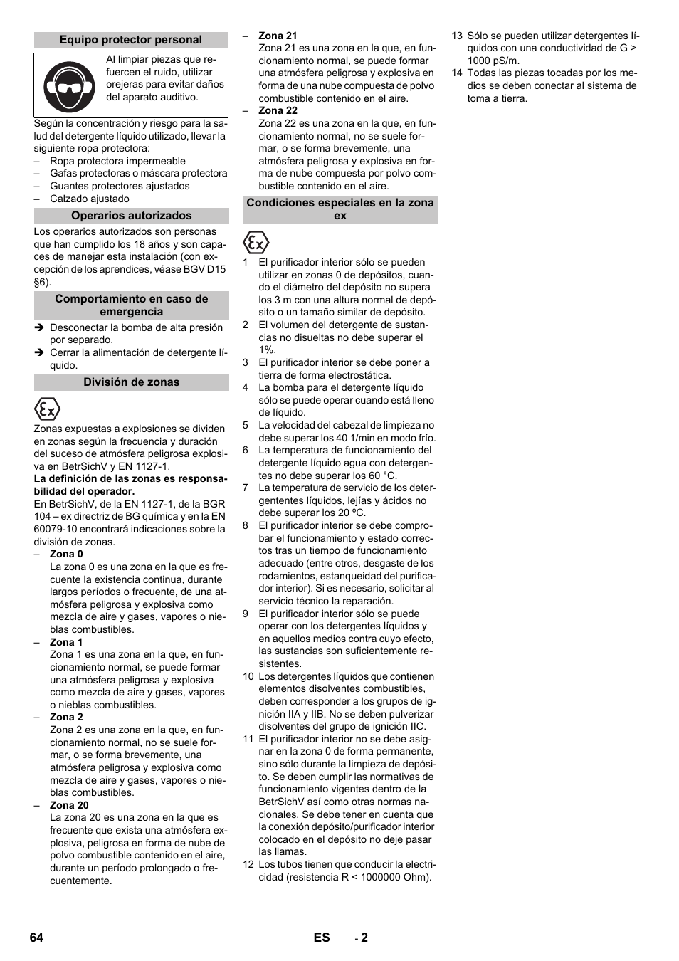 Equipo protector personal, Operarios autorizados, Comportamiento en caso de emergencia | División de zonas, Condiciones especiales en la zona ex | Karcher HKS 100 User Manual | Page 64 / 124