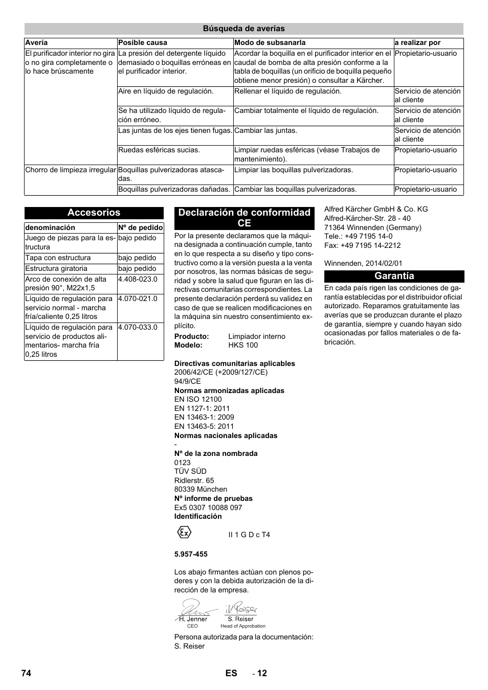Búsqueda de averías, Accesorios, Declaración de conformidad ce | Garantía | Karcher HKS 100 User Manual | Page 74 / 124