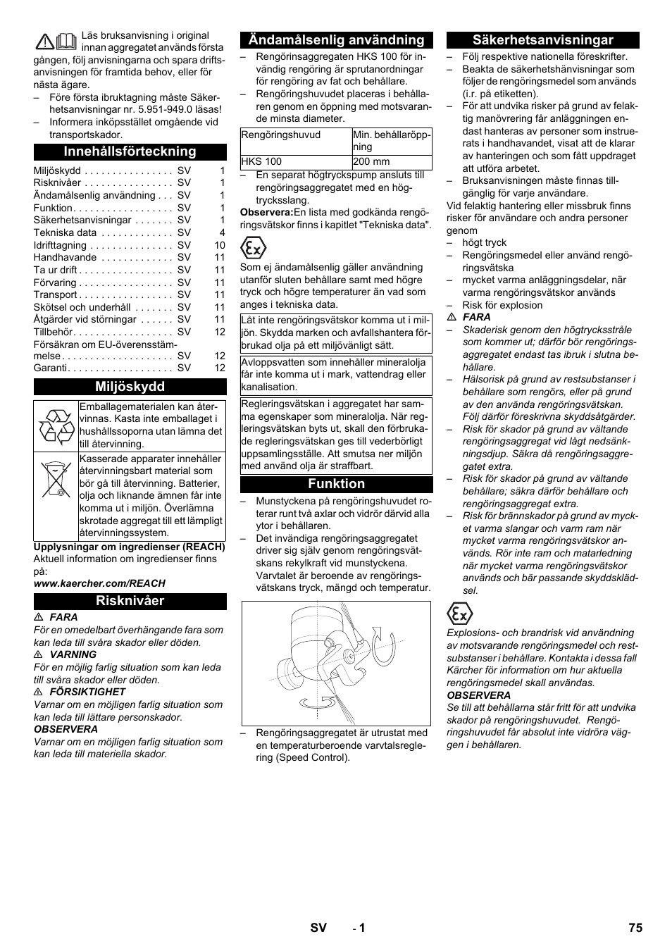 Svenska, Innehållsförteckning, Miljöskydd | Risknivåer, Ändamålsenlig användning, Funktion, Säkerhetsanvisningar, Risknivåer ändamålsenlig användning, Funktion säkerhetsanvisningar | Karcher HKS 100 User Manual | Page 75 / 124