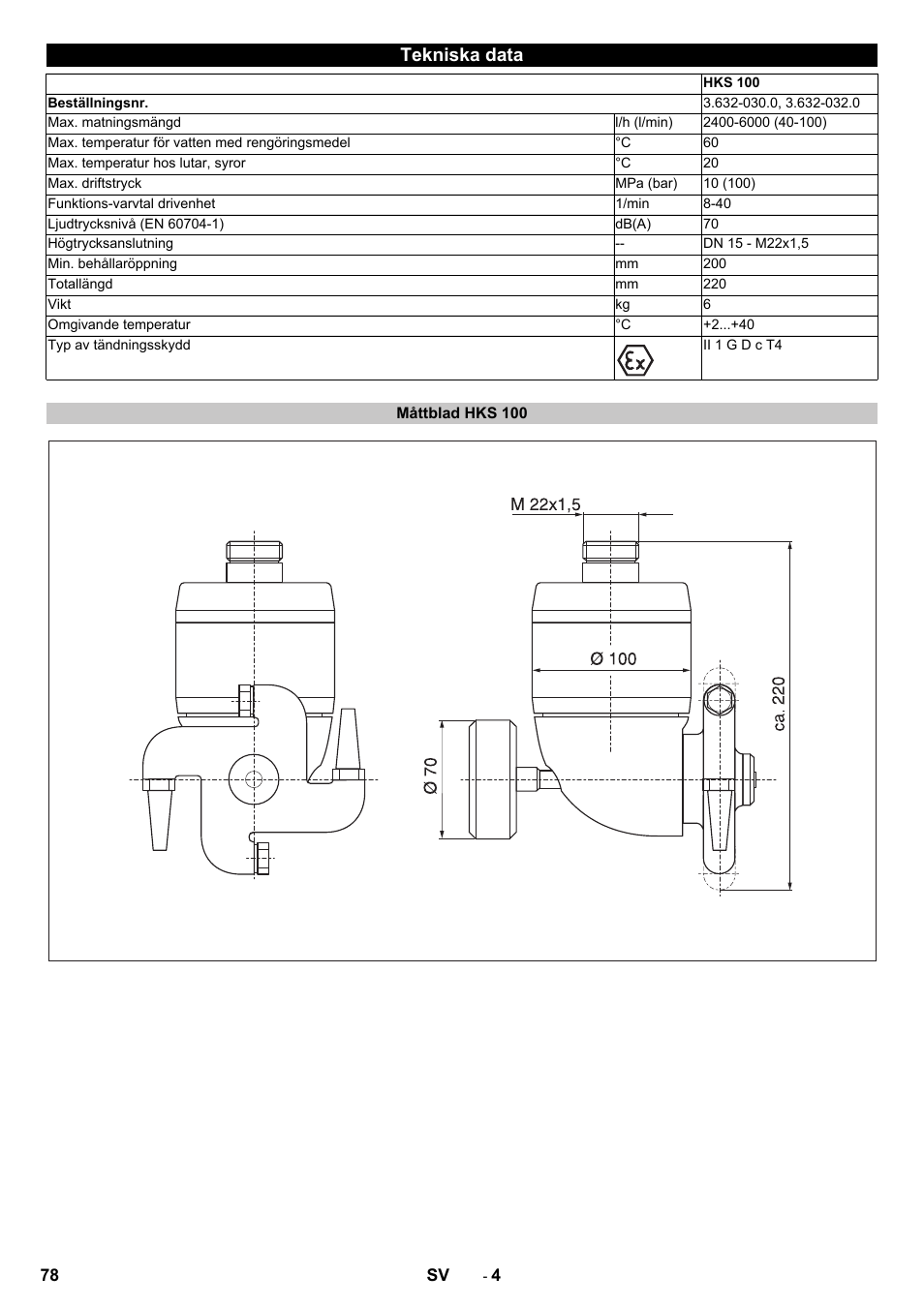 Tekniska data, Måttblad hks 100 | Karcher HKS 100 User Manual | Page 78 / 124