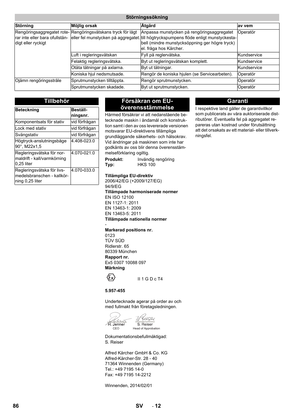 Störningssökning, Tillbehör, Försäkran om eu- överensstämmelse | Garanti | Karcher HKS 100 User Manual | Page 86 / 124