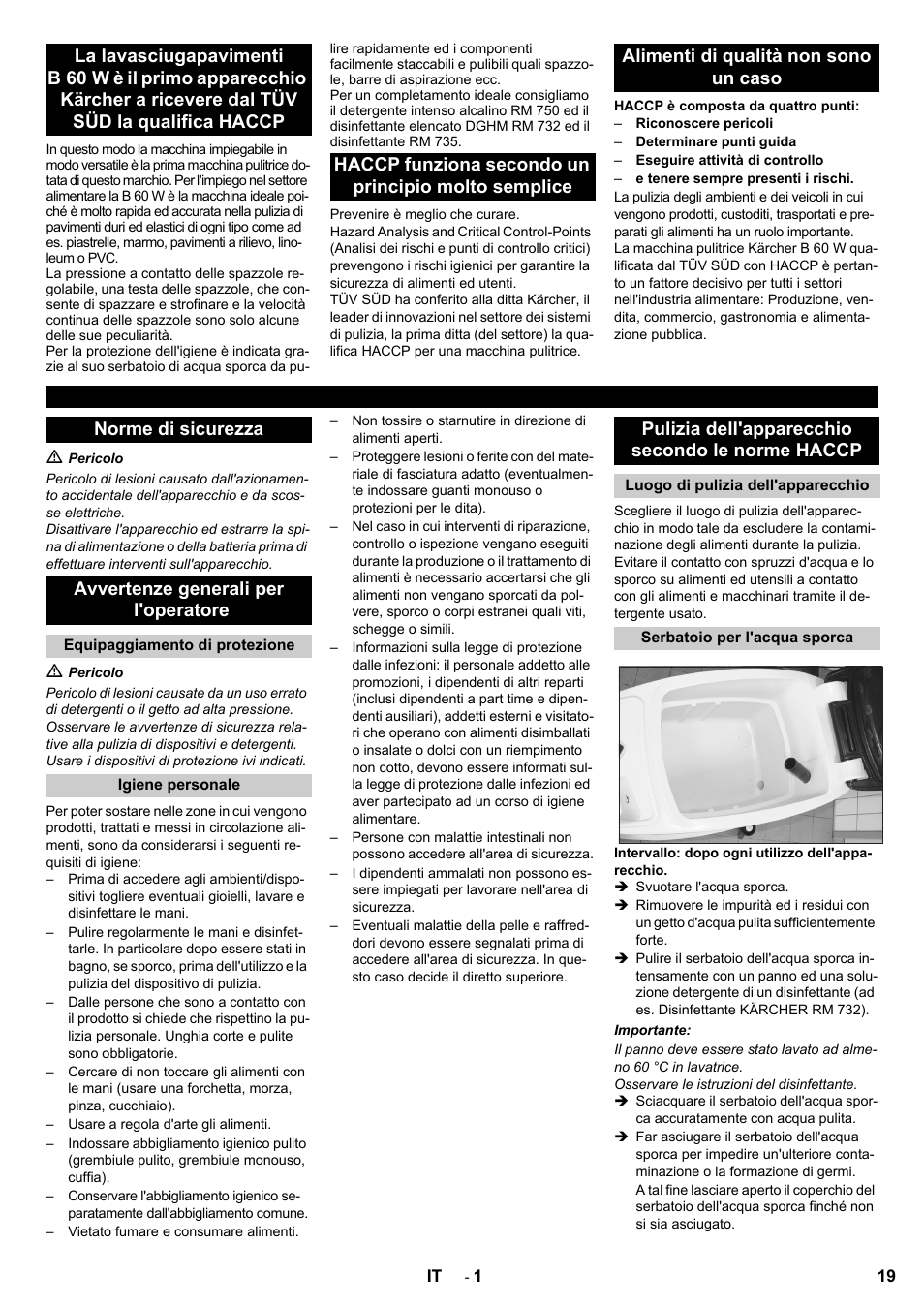 Pulizia dell'apparecchio secondo le norme haccp | Karcher B 60 W Bp Pack Dose User Manual | Page 19 / 148