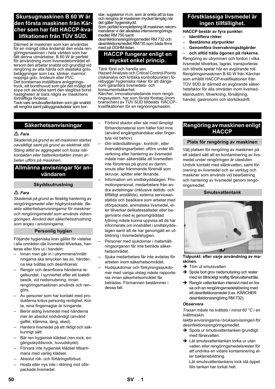 Rengöring av maskinen enligt haccp | Karcher B 60 W Bp Pack Dose User Manual | Page 50 / 148