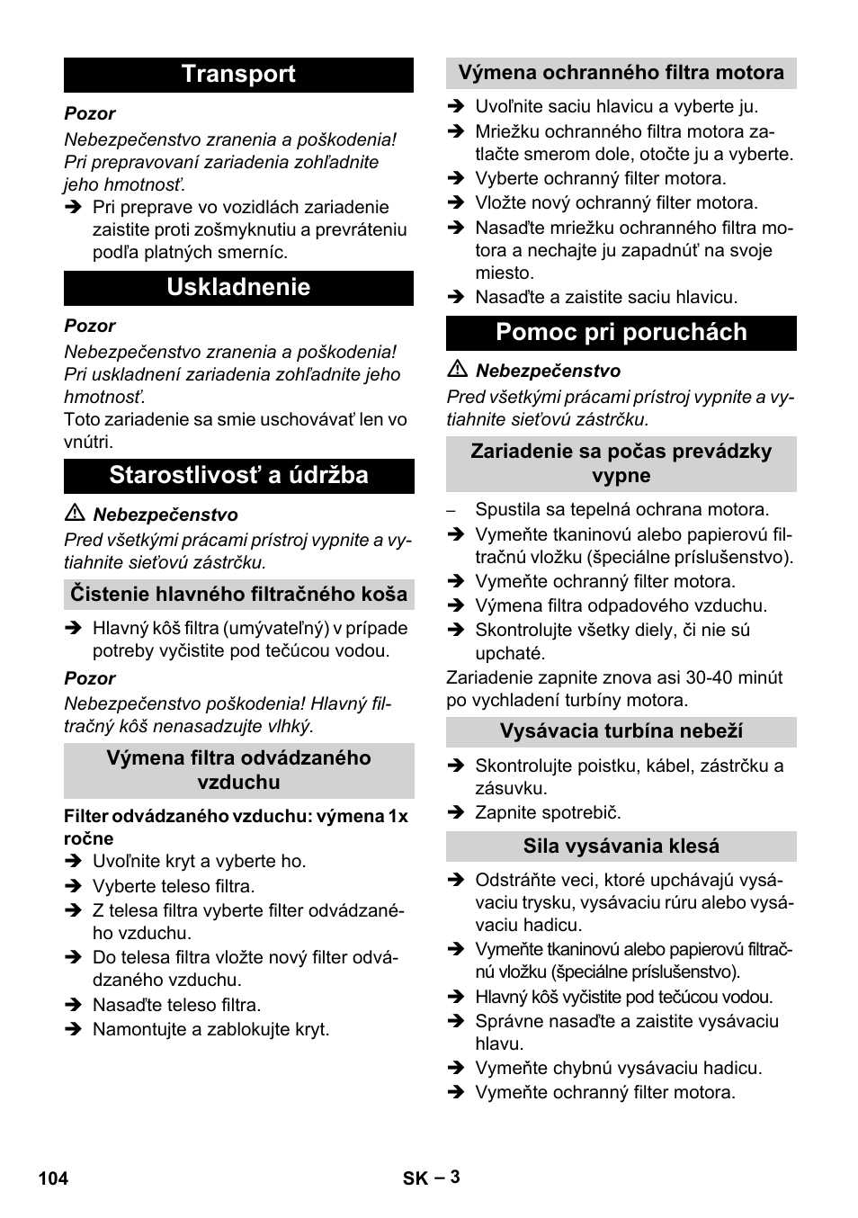 Transport uskladnenie starostlivosť a údržba, Pomoc pri poruchách | Karcher T 12-1 eco!efficiency User Manual | Page 104 / 152
