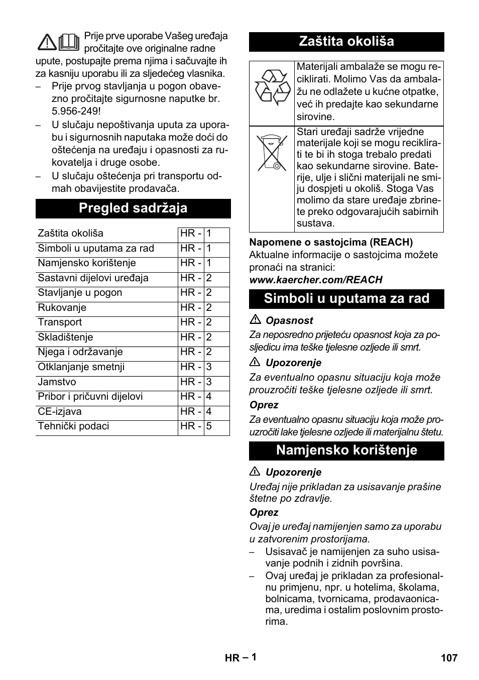 Hrvatski, Pregled sadržaja, Zaštita okoliša | Simboli u uputama za rad namjensko korištenje | Karcher T 12-1 eco!efficiency User Manual | Page 107 / 152