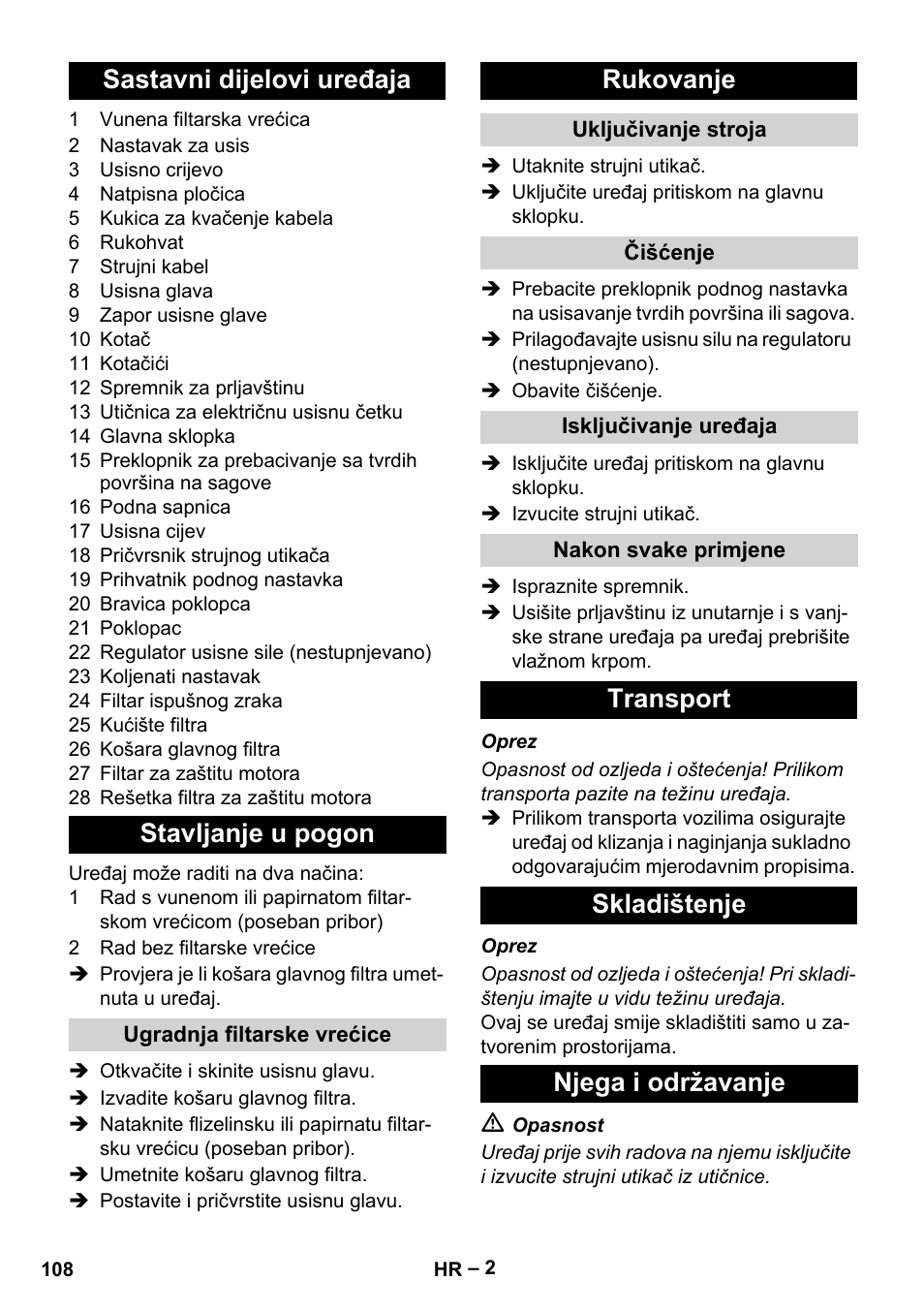 Sastavni dijelovi uređaja stavljanje u pogon, Rukovanje, Transport skladištenje njega i održavanje | Karcher T 12-1 eco!efficiency User Manual | Page 108 / 152