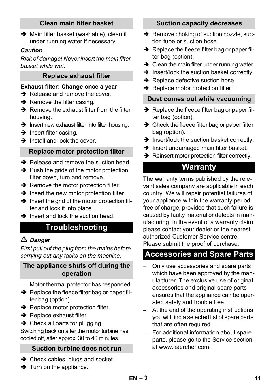 Troubleshooting, Warranty accessories and spare parts | Karcher T 12-1 eco!efficiency User Manual | Page 11 / 152