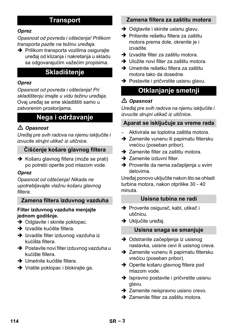 Transport skladištenje nega i održavanje, Otklanjanje smetnji | Karcher T 12-1 eco!efficiency User Manual | Page 114 / 152