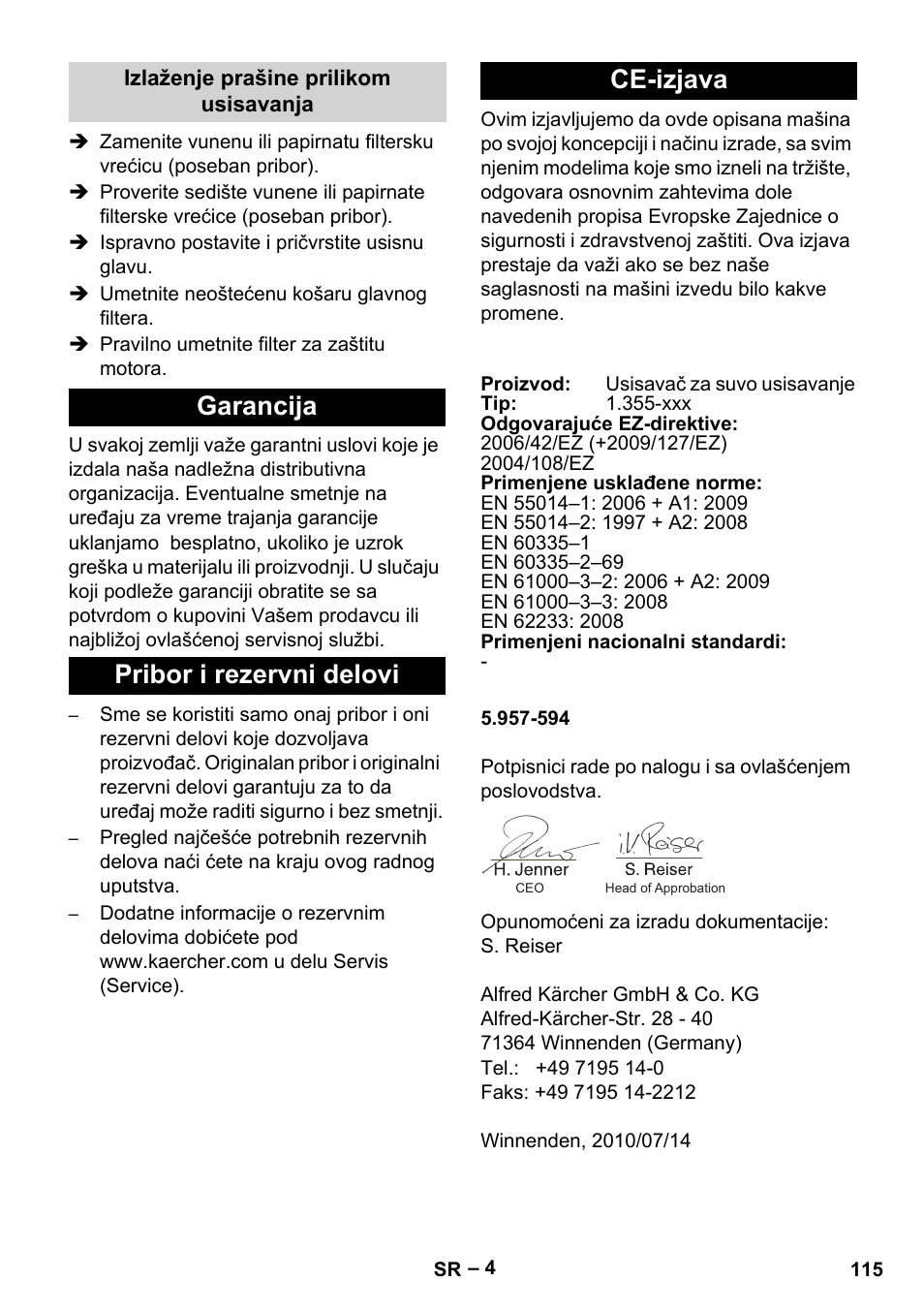 Garancija pribor i rezervni delovi ce-izjava | Karcher T 12-1 eco!efficiency User Manual | Page 115 / 152