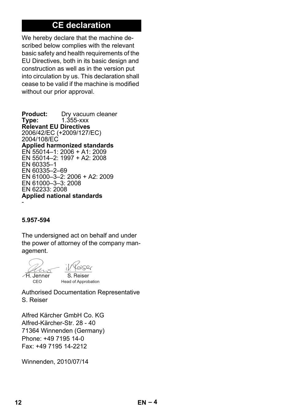 Ce declaration | Karcher T 12-1 eco!efficiency User Manual | Page 12 / 152