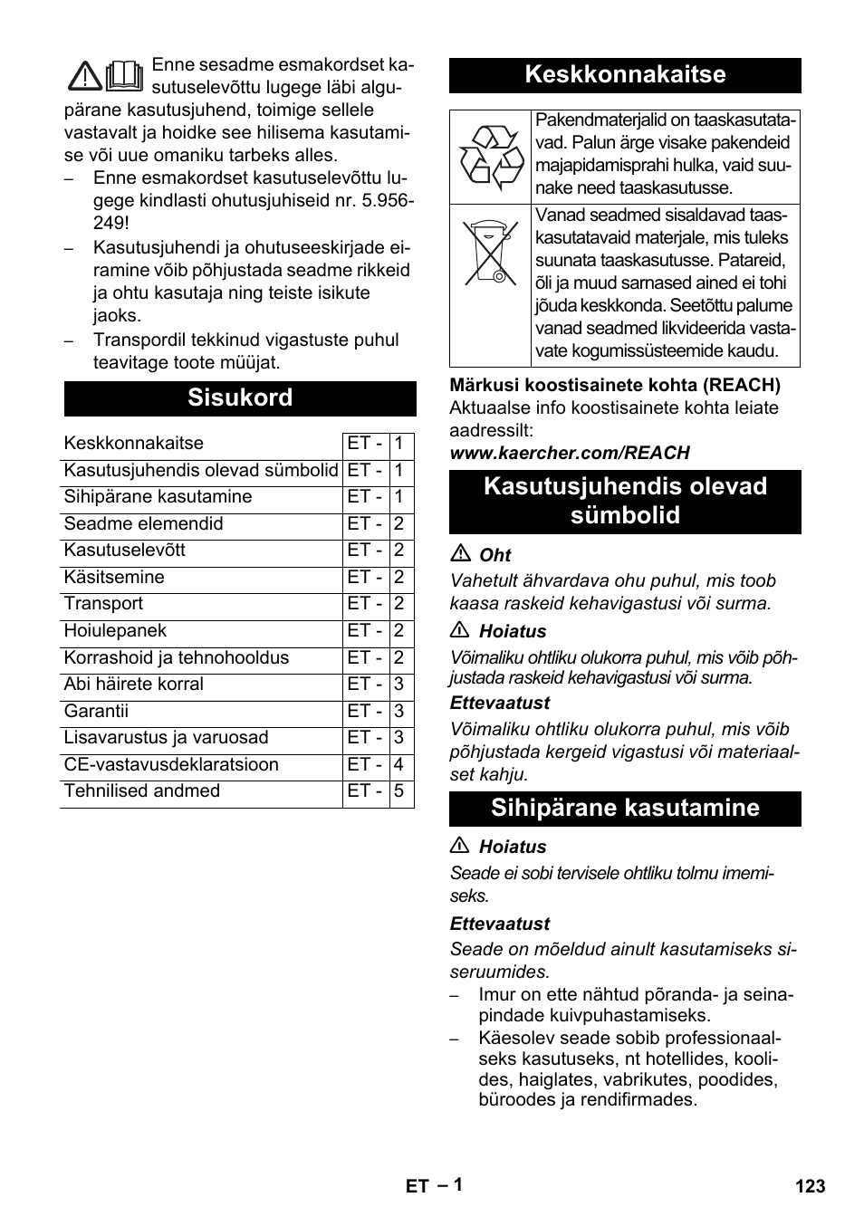 Eesti, Sisukord, Keskkonnakaitse | Karcher T 12-1 eco!efficiency User Manual | Page 123 / 152