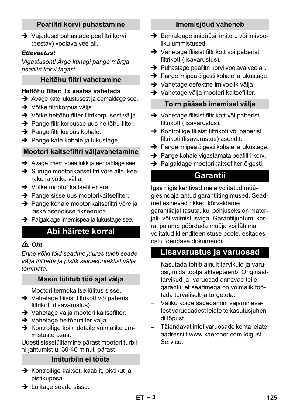 Abi häirete korral, Garantii lisavarustus ja varuosad | Karcher T 12-1 eco!efficiency User Manual | Page 125 / 152