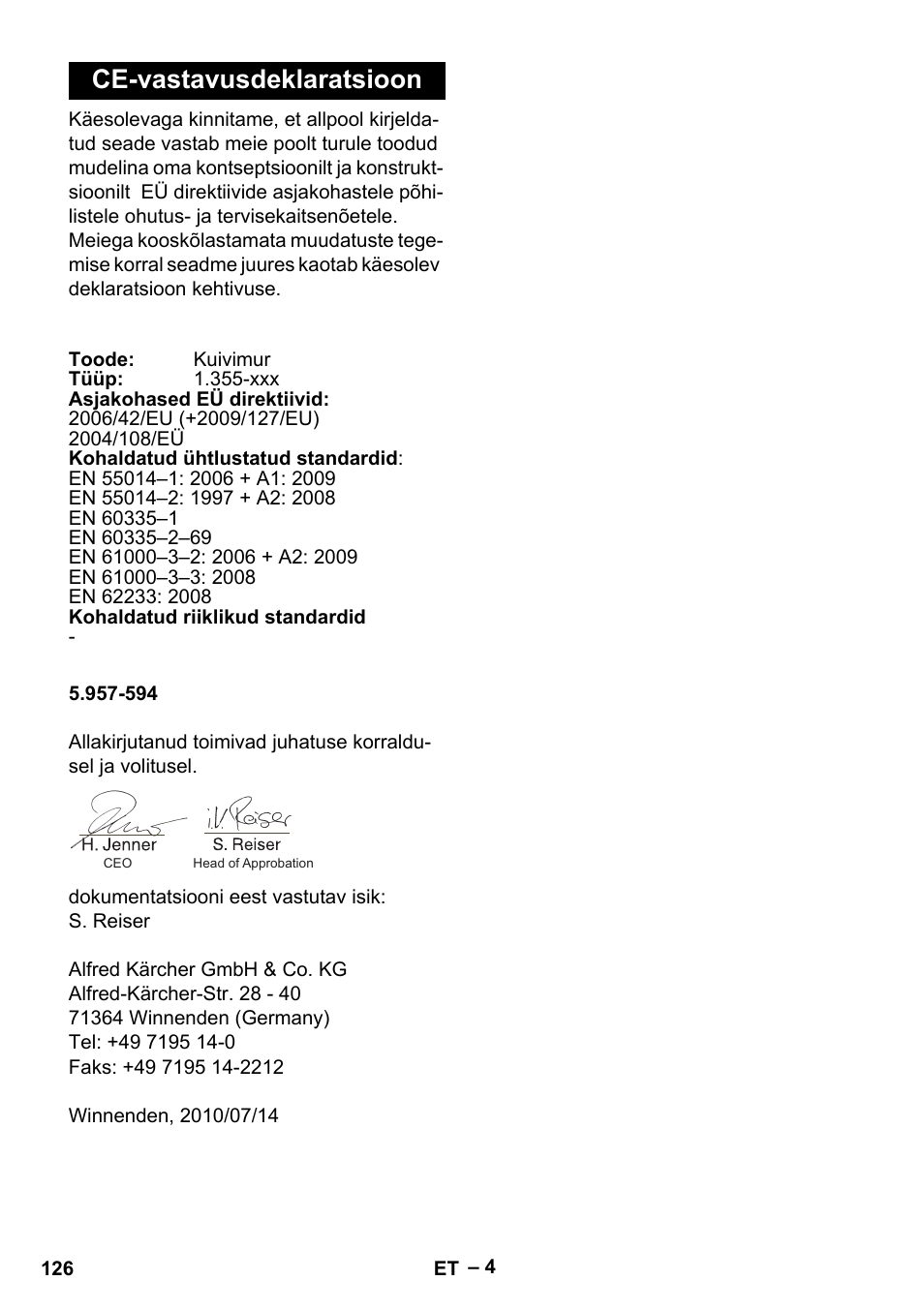 Ce-vastavusdeklaratsioon | Karcher T 12-1 eco!efficiency User Manual | Page 126 / 152