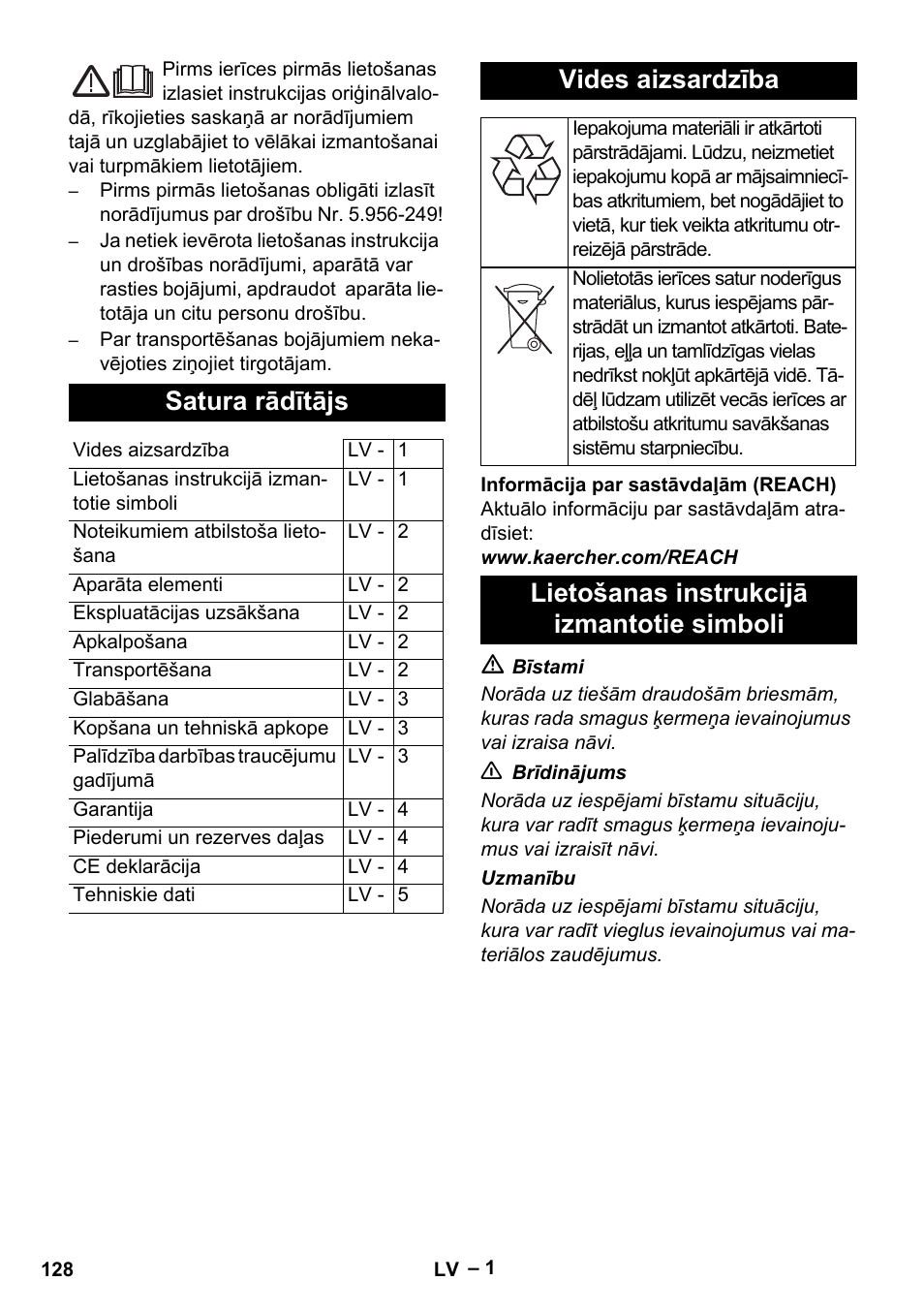 Latviešu, Satura rādītājs, Vides aizsardzība | Lietošanas instrukcijā izmantotie simboli | Karcher T 12-1 eco!efficiency User Manual | Page 128 / 152