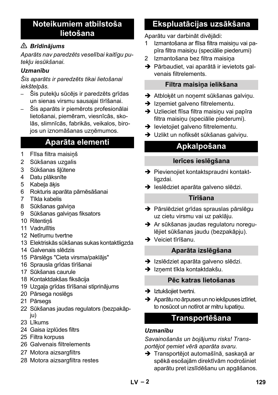 Apkalpošana, Transportēšana | Karcher T 12-1 eco!efficiency User Manual | Page 129 / 152