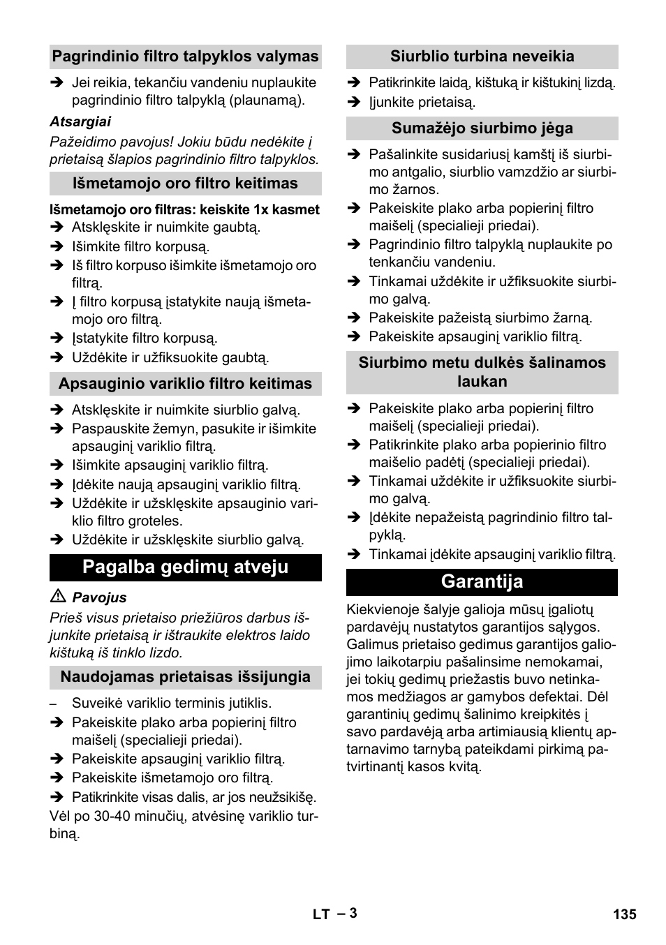 Pagalba gedimų atveju, Garantija | Karcher T 12-1 eco!efficiency User Manual | Page 135 / 152