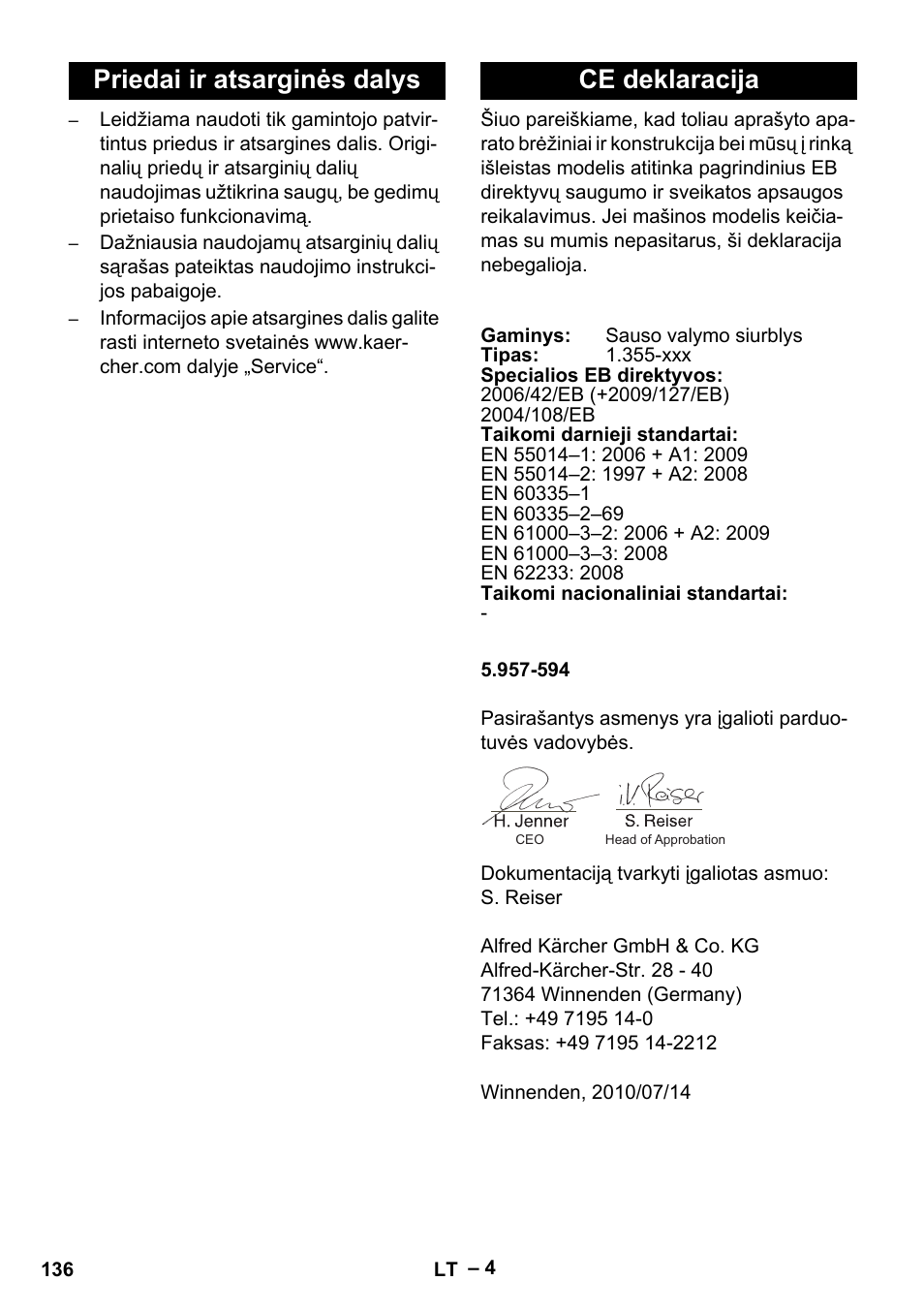 Priedai ir atsarginės dalys ce deklaracija | Karcher T 12-1 eco!efficiency User Manual | Page 136 / 152