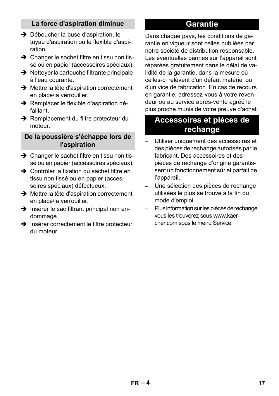 Garantie accessoires et pièces de rechange | Karcher T 12-1 eco!efficiency User Manual | Page 17 / 152