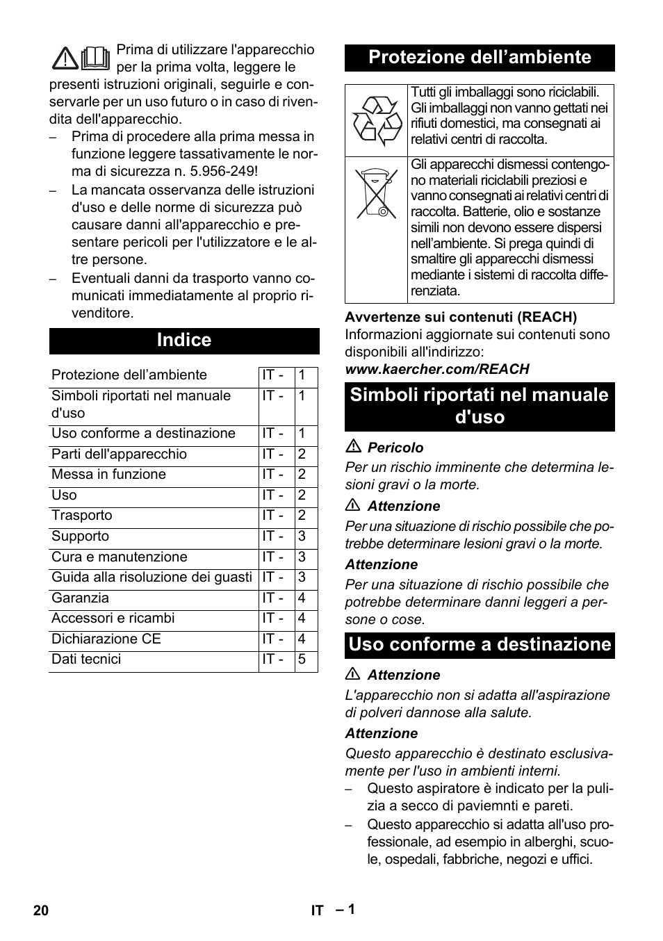 Italiano, Indice, Protezione dell’ambiente | Karcher T 12-1 eco!efficiency User Manual | Page 20 / 152