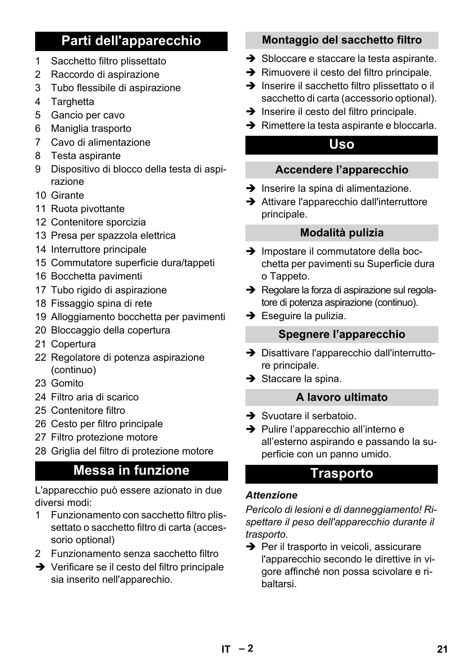 Parti dell'apparecchio messa in funzione, Trasporto | Karcher T 12-1 eco!efficiency User Manual | Page 21 / 152