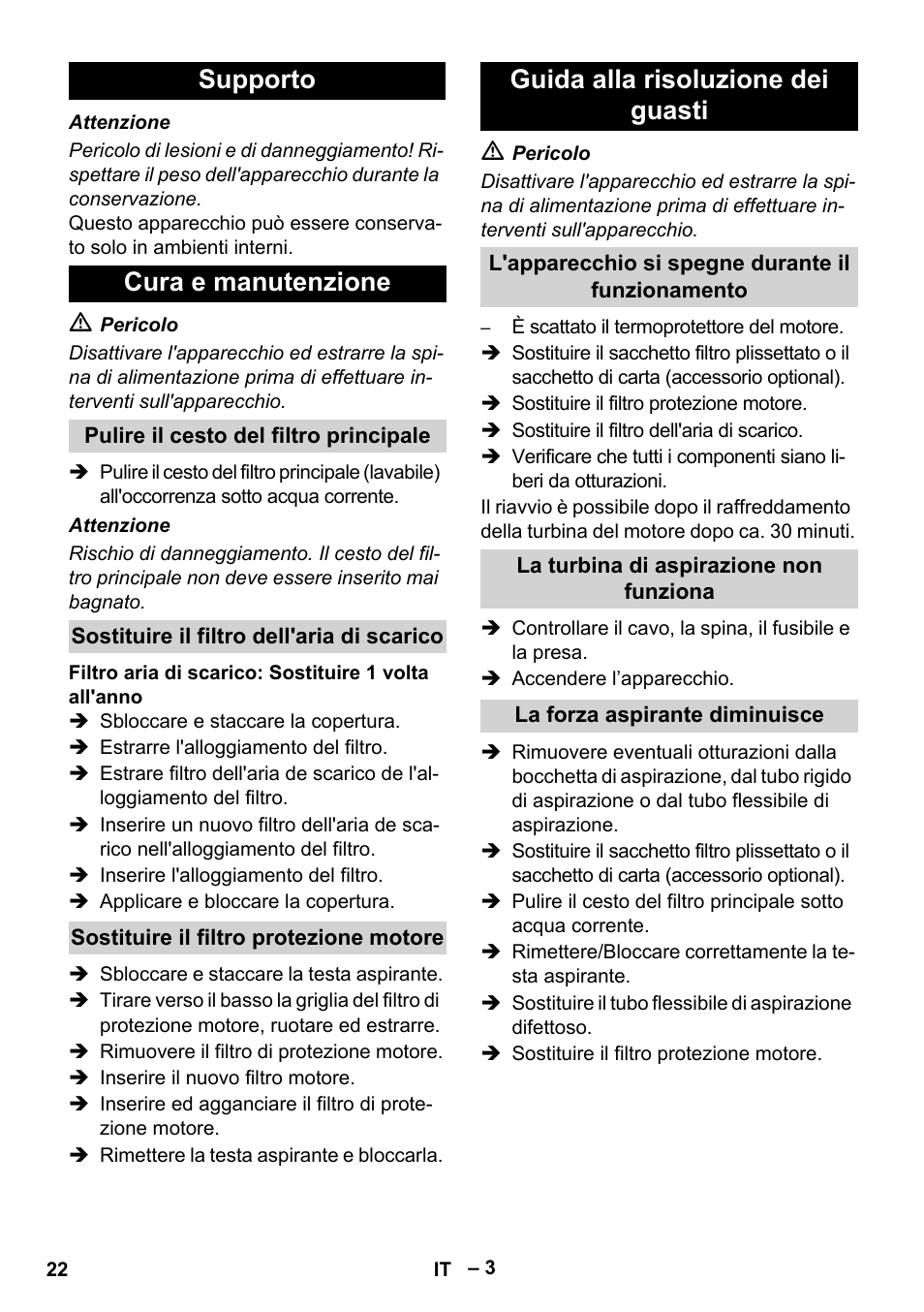 Supporto cura e manutenzione, Guida alla risoluzione dei guasti | Karcher T 12-1 eco!efficiency User Manual | Page 22 / 152