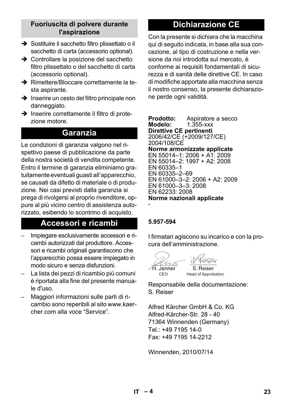 Garanzia accessori e ricambi dichiarazione ce | Karcher T 12-1 eco!efficiency User Manual | Page 23 / 152