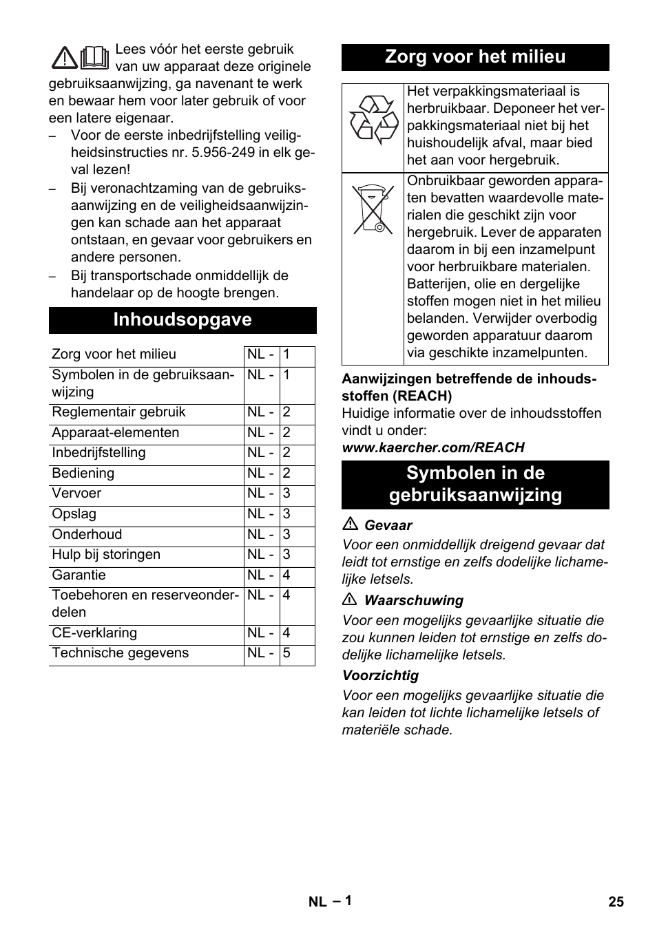 Nederlands, Inhoudsopgave, Zorg voor het milieu | Symbolen in de gebruiksaanwijzing | Karcher T 12-1 eco!efficiency User Manual | Page 25 / 152