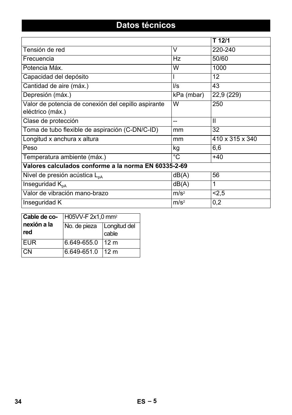 Datos técnicos | Karcher T 12-1 eco!efficiency User Manual | Page 34 / 152