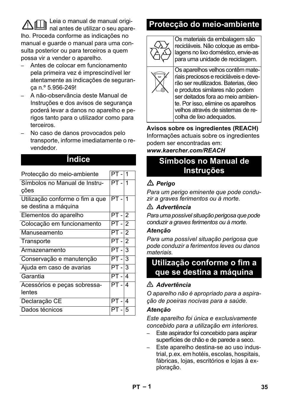 Português, Índice, Protecção do meio-ambiente | Karcher T 12-1 eco!efficiency User Manual | Page 35 / 152