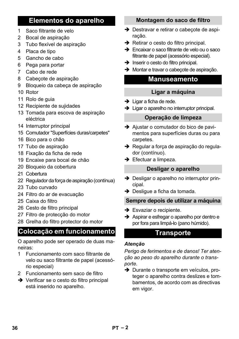 Elementos do aparelho colocação em funcionamento, Manuseamento, Transporte | Karcher T 12-1 eco!efficiency User Manual | Page 36 / 152