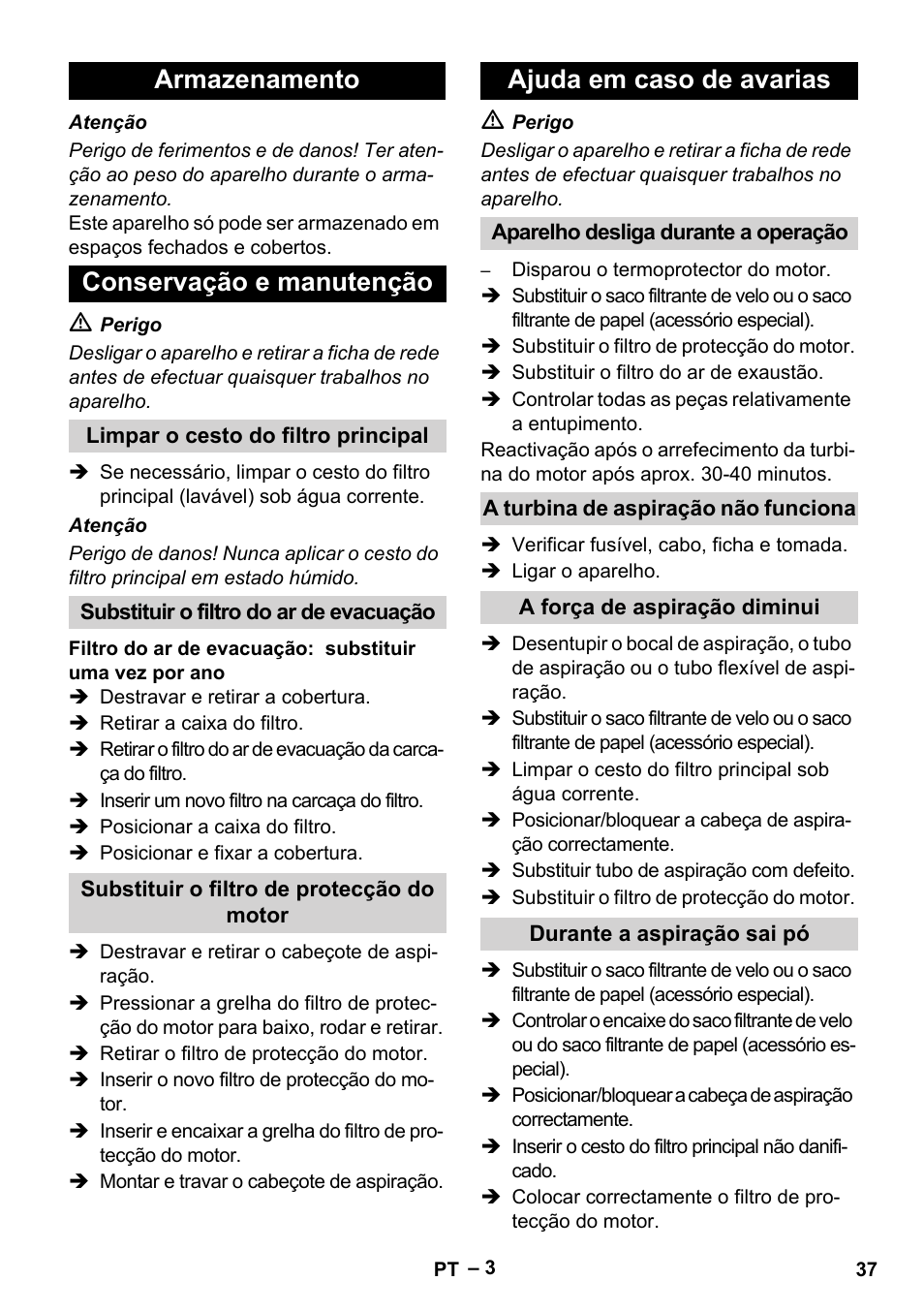 Armazenamento conservação e manutenção, Ajuda em caso de avarias | Karcher T 12-1 eco!efficiency User Manual | Page 37 / 152